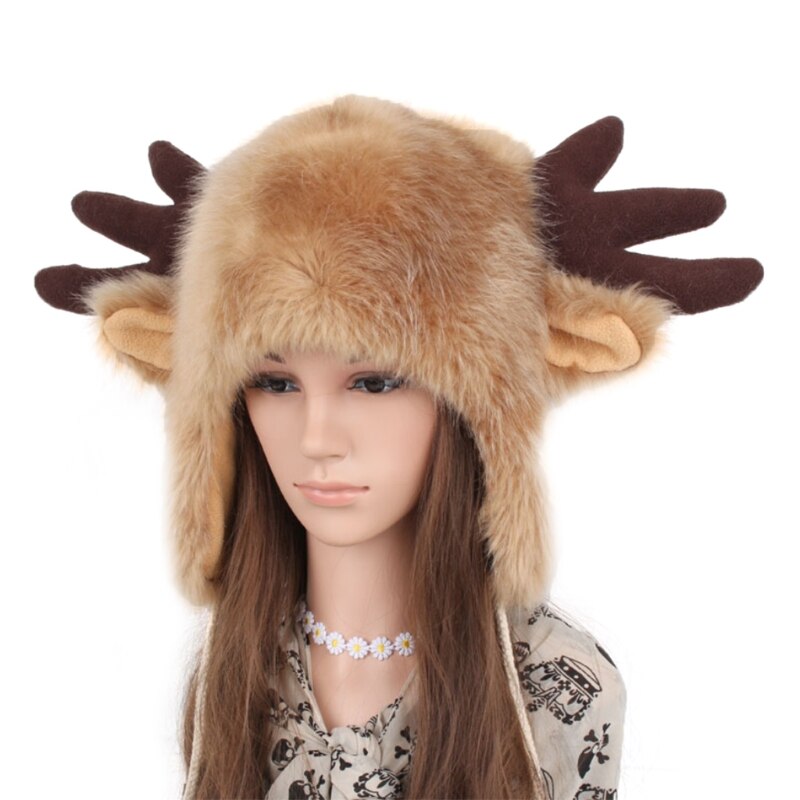 Women Men Winter Furry Plush Snow Trapper Hat Cute Ox Horns Deer Antlers Fluffy Animal Cap with Ear Flap Cosplay Earmuff: A