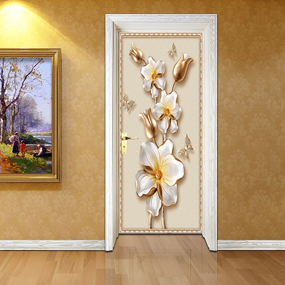 European Style 3D Golden Flowers PVC Door Sticker Self-Adhesive Poster Wallpaper DIY Home Mural Decals Living Room Bedroom