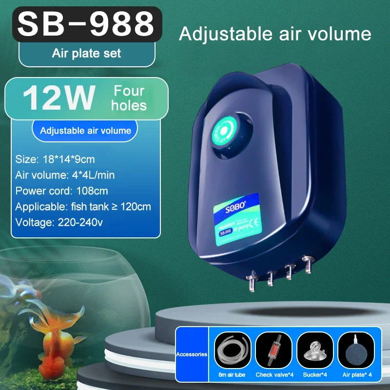 SOBO Silencioso Aquário Bomba de Ar de Oxigênio Tanque de Peixes Volume de Ar Ajustável Oxigenador de Alta Potência Compressor de Ar Aerador 220v 12w: Preto