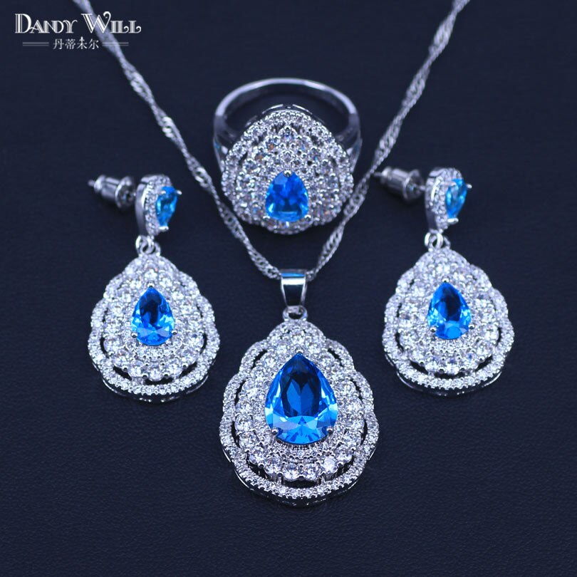 3- delige zilverkleurige kostuumsieradenset met groene zirkonia, oorbellen, ketting en ring voor dames  t73: Hemelsblauw / 7