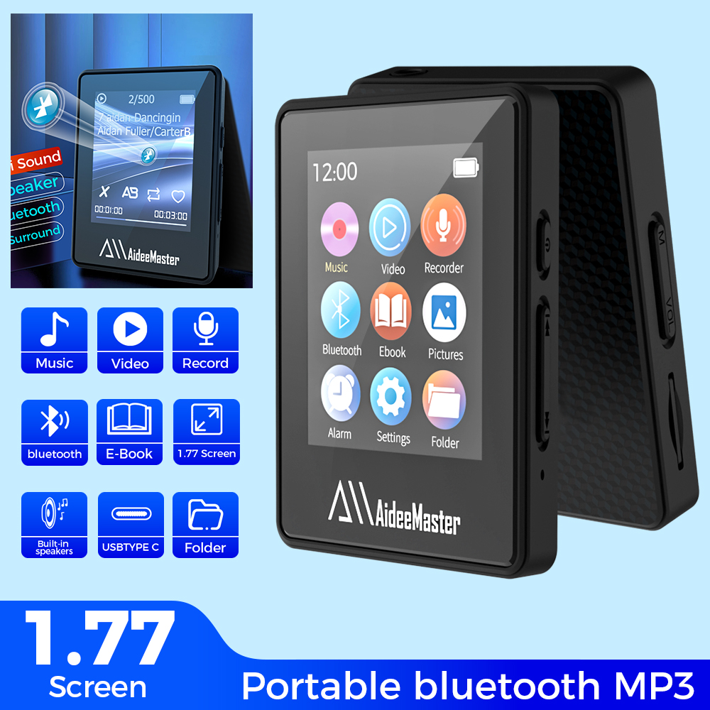 AideeMaster Portable BT MP3 Player Wireless Mini Digital HiFi Lossless Sound Music Players Small Black Walkman Audio Player