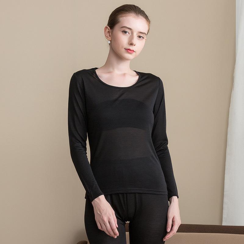 Sous-vêtement thermique en laine de soie mince pour femme avec tricotage en soie: Black / L