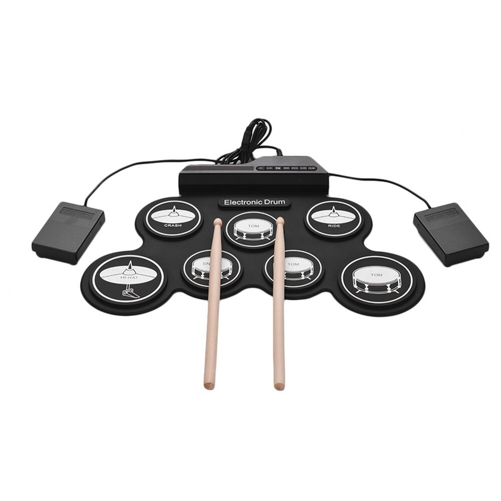 Bærbar elektronisk tromme digital usb 7 pads roll up trommesett silikon elektrisk tromme pad kit med trommestikker sustain pedal: Grå