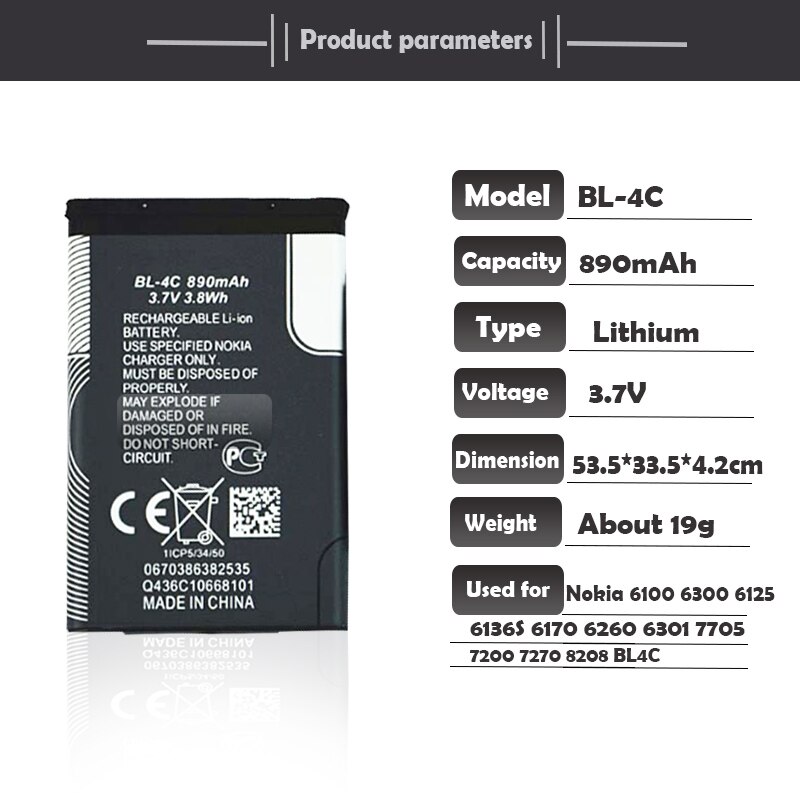 3,7 V 890mAh BL-4C BL 4C batería de litio recargable para Nokia 6100 teléfono 6300, 6125, 6136S 6170, 6260, 6301, 7705, 7200, 7270, 8208