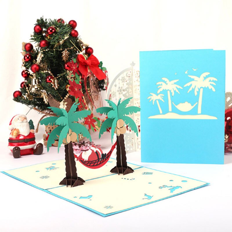 Vacation Santa Claus 3D Christmas Cards Pop Up Christmas Decoration Card Xmas Greeting Year Invitations for