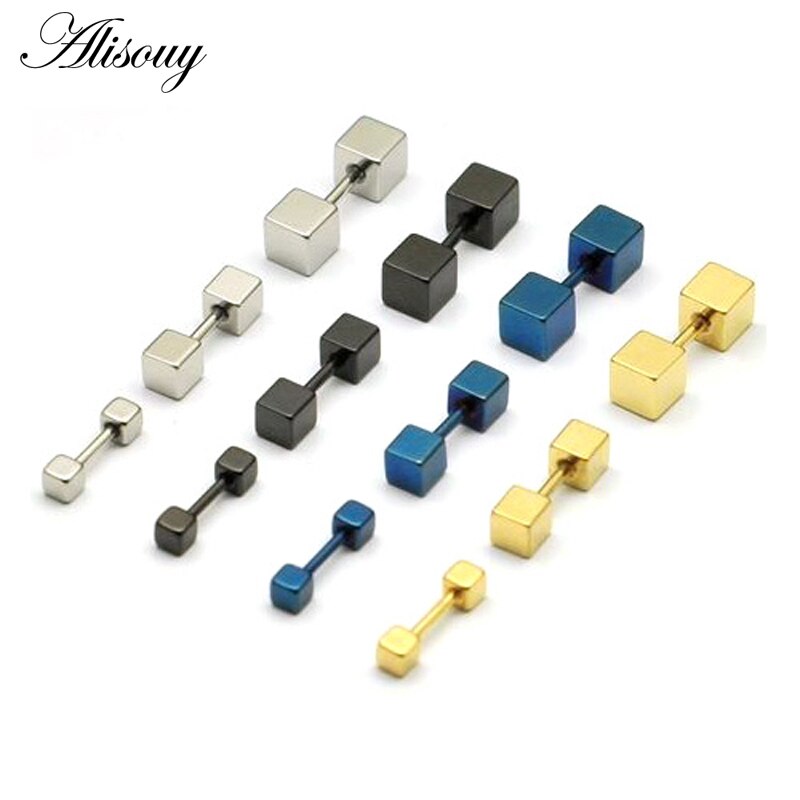 3 4 5mm width Cube Square titanium steel Punk Men Screw Back (pierced) stud earrings 4 colors