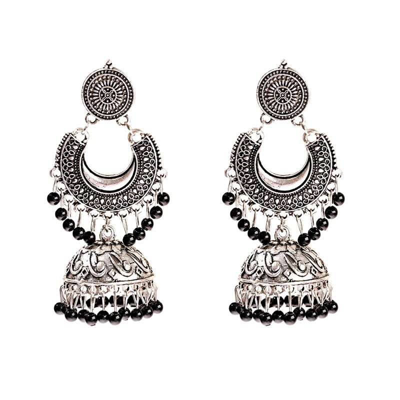 Ethnic Silver Color Gypsy Indian Earrings For Women Boho Jewelry Beads Bell Tassel Jhumka Earrings Ladies Retro Earrings: Style 1