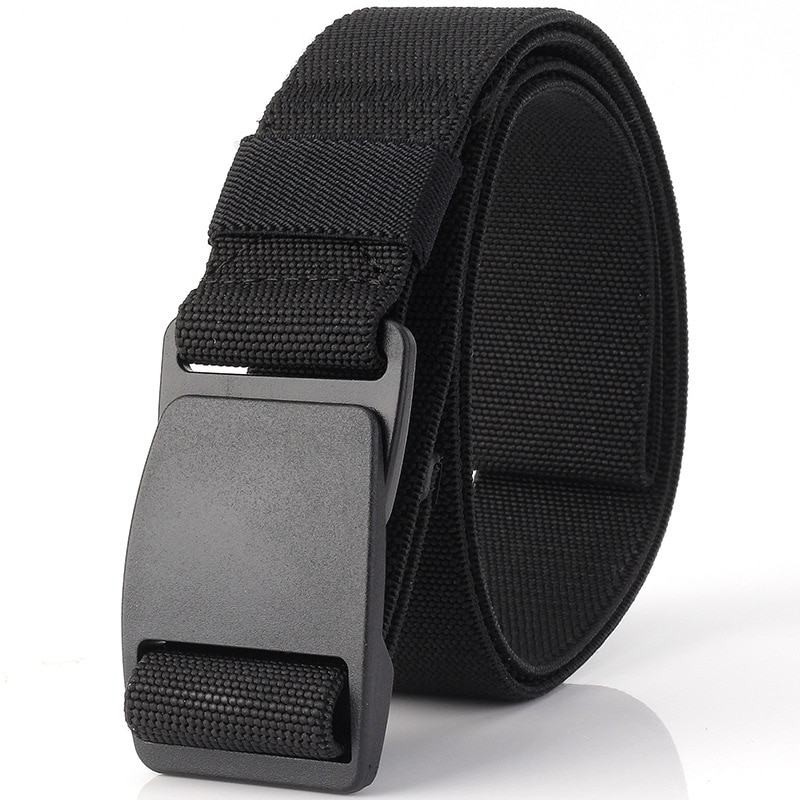 Cinturón de nailon para hombre, hebilla no metálica con cabeza de plástico, antialérgico, cinturón de seguridad, cinturón elástico con hebilla a presión: Black