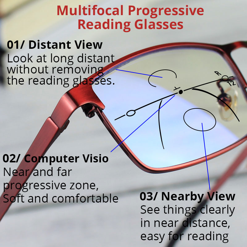 Vanlook progressive multifokale læsebriller computer til mænd kvinder synet klare justerbare briller rød  +1.0 1.5 2 2.5 3 3.5