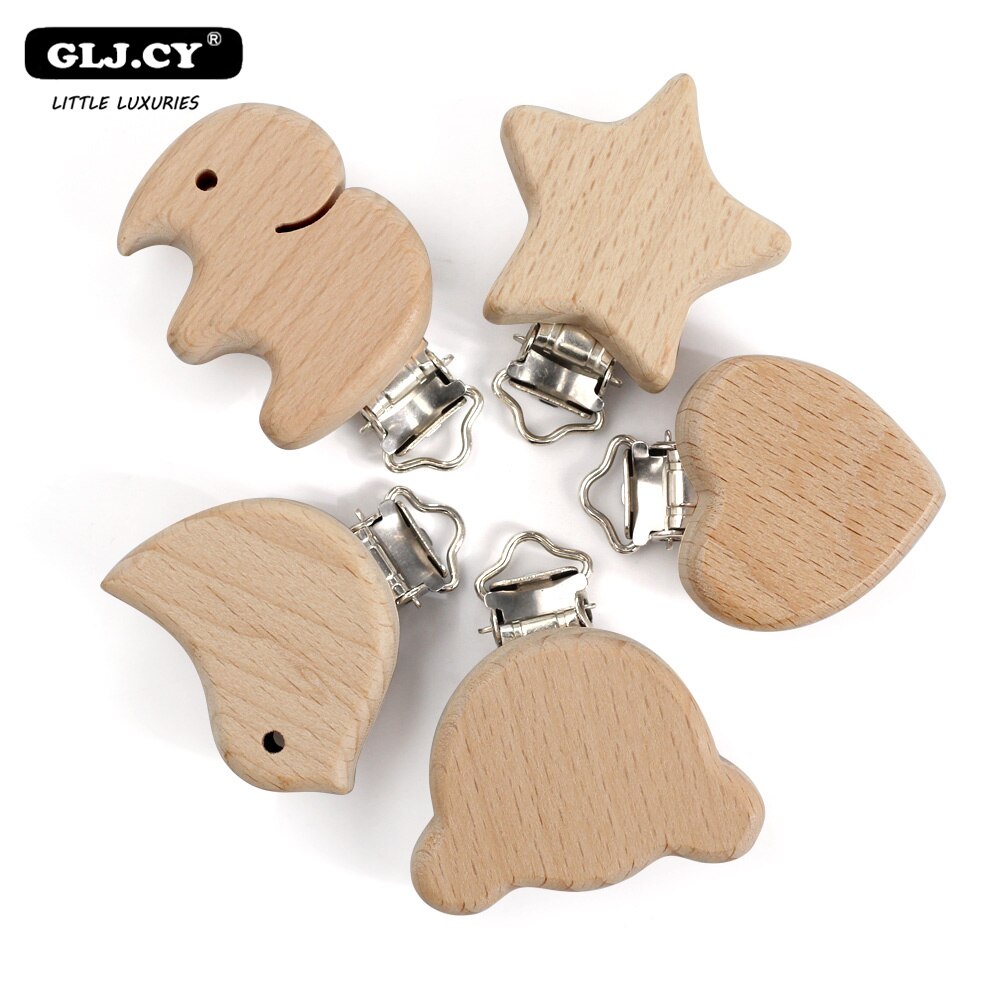 10PCs Beech Wood Pacifier Clip Animal Small Elephant Bird Heart-shaped Stars Baby DIY Essential Nipple Chain Accessories: 10PCs Random mixing