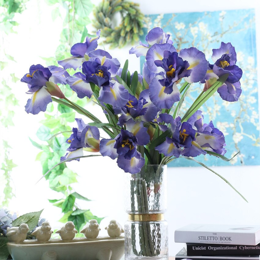 3 huvuden alice iris blomma med gröna blad siden konstgjorda blommor för heminredning flores orkidé