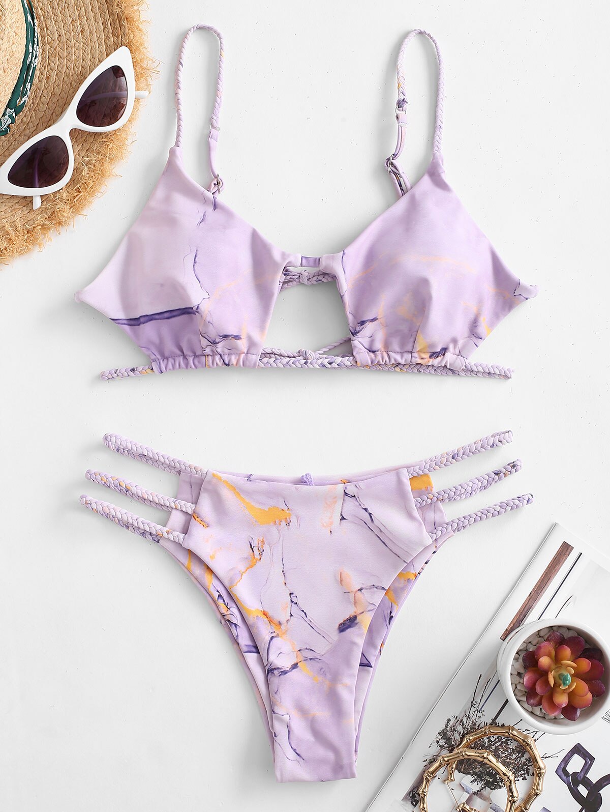 Saful – Bikini imprimé marbre, maillot de bain tressé, bretelles, découpe: Multi A / M
