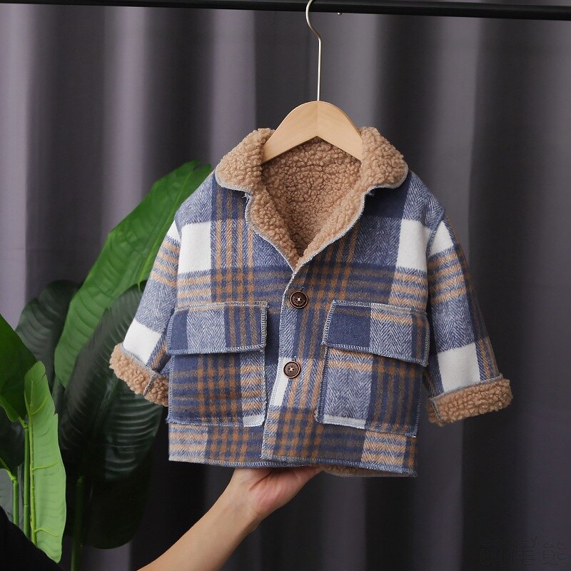 Vestes d'hiver à carreaux coréens pour garçons, manteaux chauds pour bébés garçons, à la , Plus vestes épaisses en velours, vêtements d'extérieur pour tout-petits,: Bleu / 6T