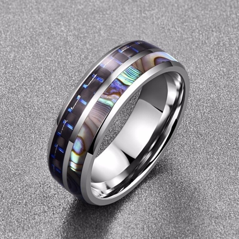 8mm Men Rings Abalone Shell Carbon Fiber Ring Men Titanium Steel Wedding Engagement Anniversary Jewelry