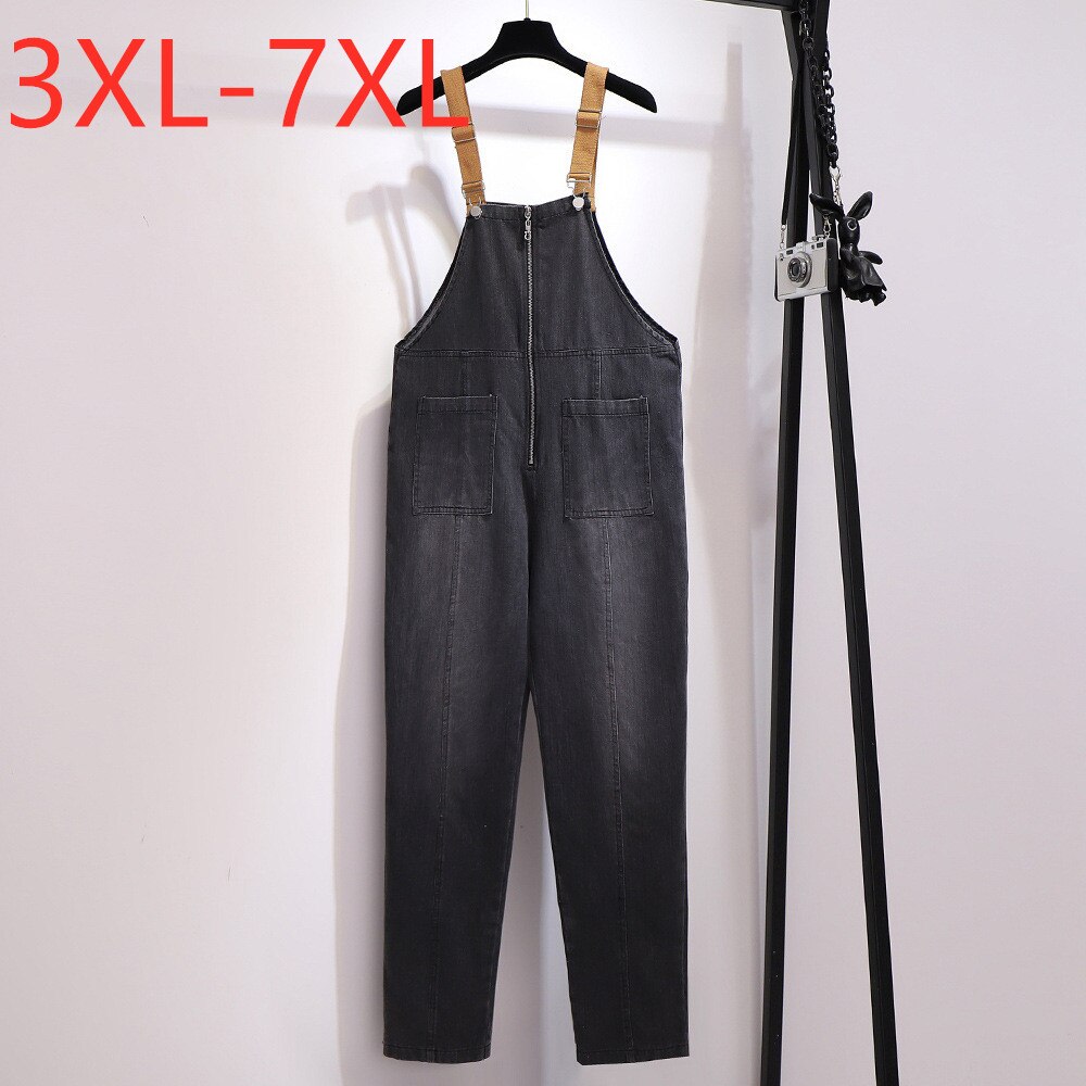Monos vaqueros de talla grande para mujer, monos largos holgados de algodón con bolsillo negro, 4XL, 5XL, 6XL, 7XL,