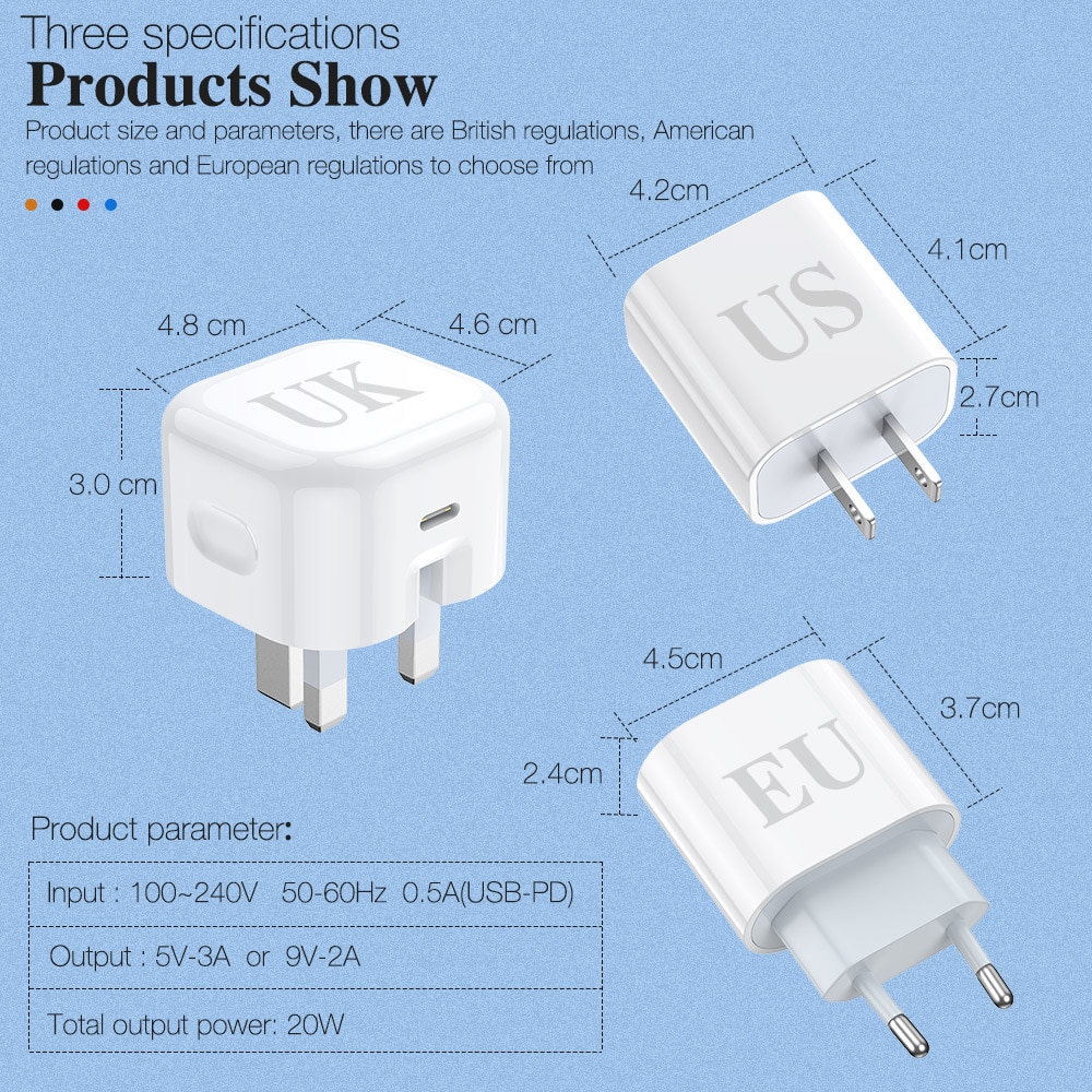 PD 20W USB-C Power Adapter Charger US EU UK Plug Quick Charge 4.0 3.0 Fast Charger For iPhone 12 Mini 11 Pro Max Xs X XR Xiaomi