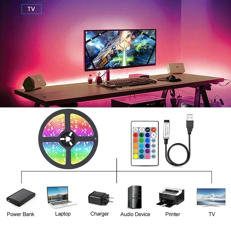 Bande lumineuse Led Usb 1-30M RGB 5050, Bluetooth, Wifi, contrôle par application, synchronisation de la musique, lumière Led, rétro-éclairage TV, ruban Flexible