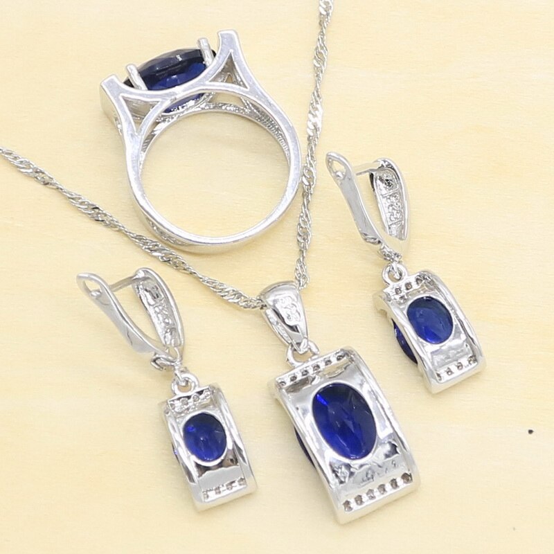 Silver Color Jewelry Sets For Women Blue Semi-precious Earrings Necklace Pendant Rings Free Box