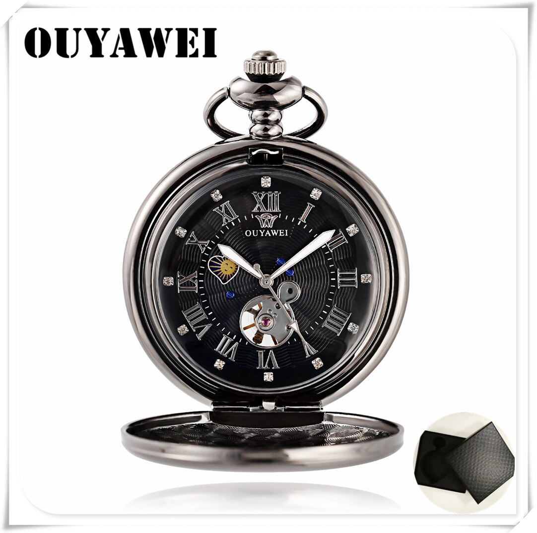 OUYAWEI Luxury Golden Moon Phase Mechanical Pocket Watch Roman Number Tourbillon Dial Pendant Chain Men Women: Black-Box