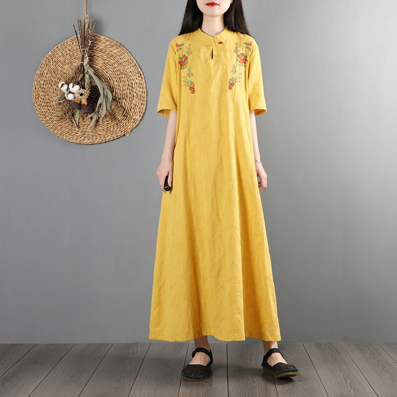 Chinese Dress Qipao Women Long Cheongsam Dress Cotton Linen Embroidery Chinese Traditional Dress Long Dress Qipao KK3698