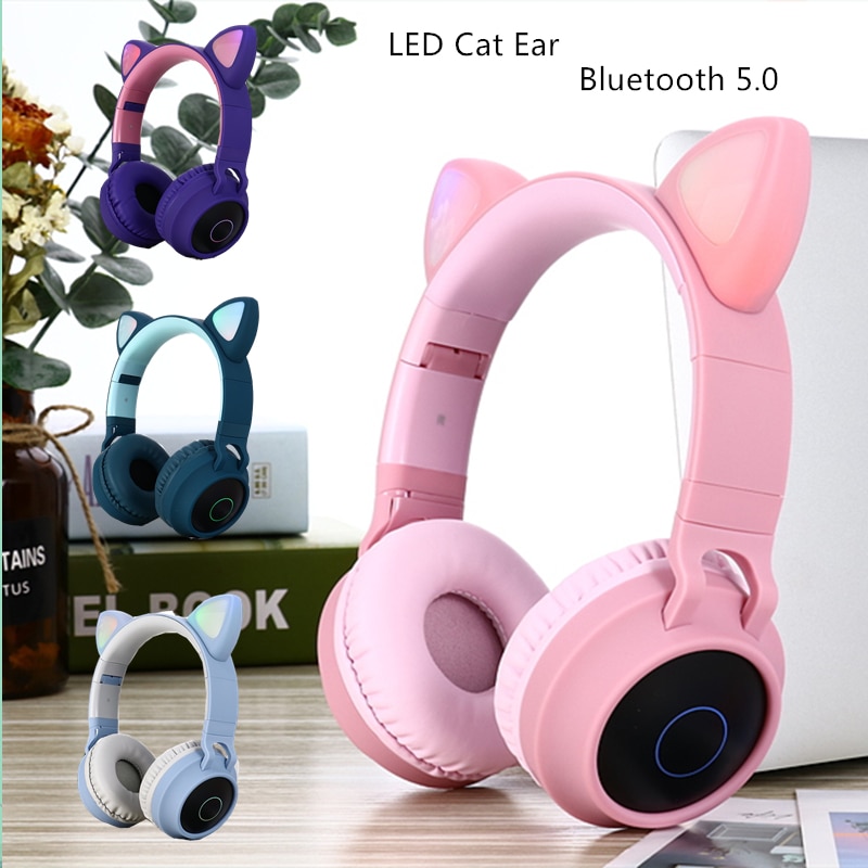 Dosmix LED Cat Ear Noise Cancelling Headphones Bluetooth 5.0 Kids Headset Support TF Card 3.5mm Plug With Microphone