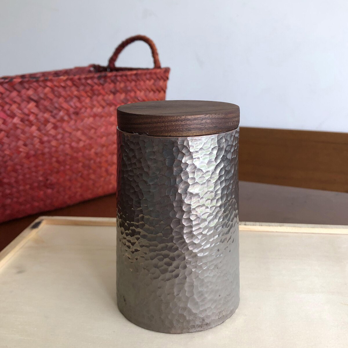 Pure Copper Jar Sealed Container Tea Coffee Handcrafted Hammered Storage Bin Walnut Lid Canister