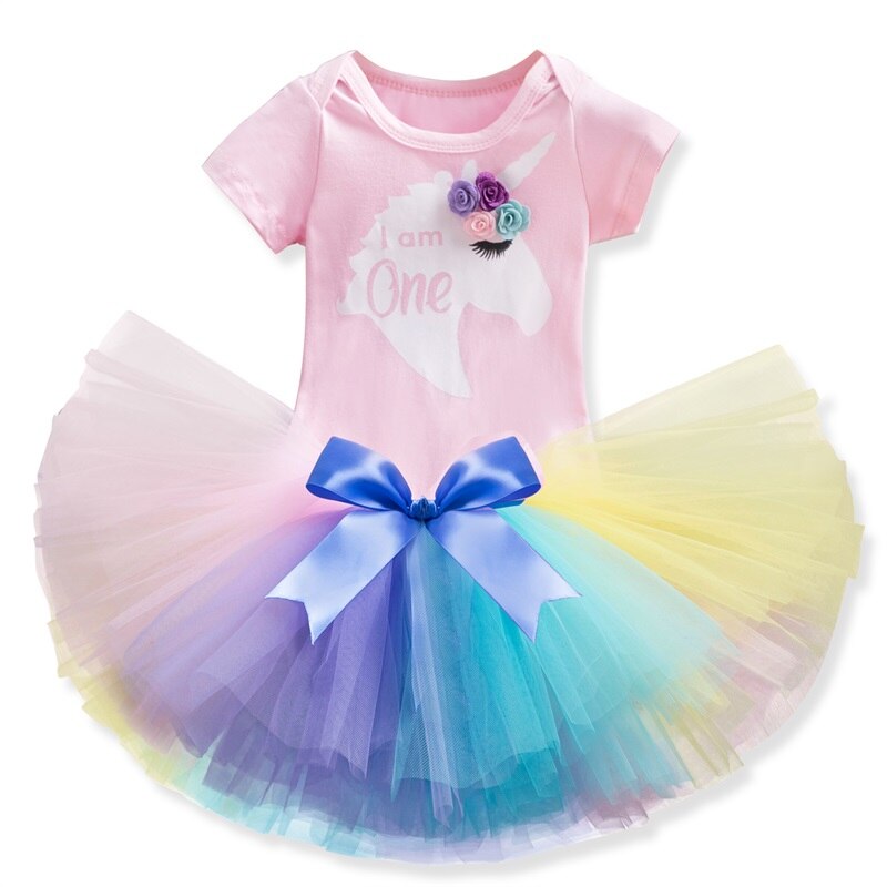 Mijn Kleine Baby Meisje 1 Jaar Verjaardag Jurk Eenhoorn Party Baby Doopjurk Tutu Cake Smash Baby Meisje Casaul Zomer kleding: Rainbow 3