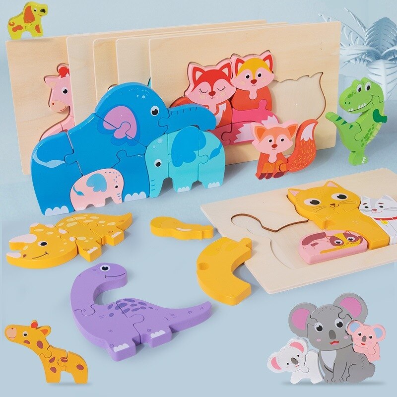 Kids 3D Puzzles Jigsaw Wooden Toys For Children Cartoon Animal Traffic Puzzles Intelligence Children Early Educational Toys