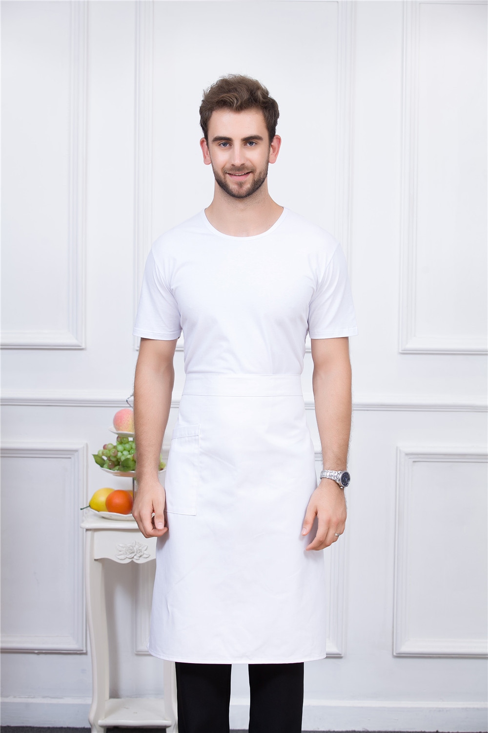 7 kleuren Mannen Vrouwen Pure Kleur Verstelbare Chef Werk Uniformen Accessoires Keuken Koken Food Service Effen Schort met Een Pocket: WHITE