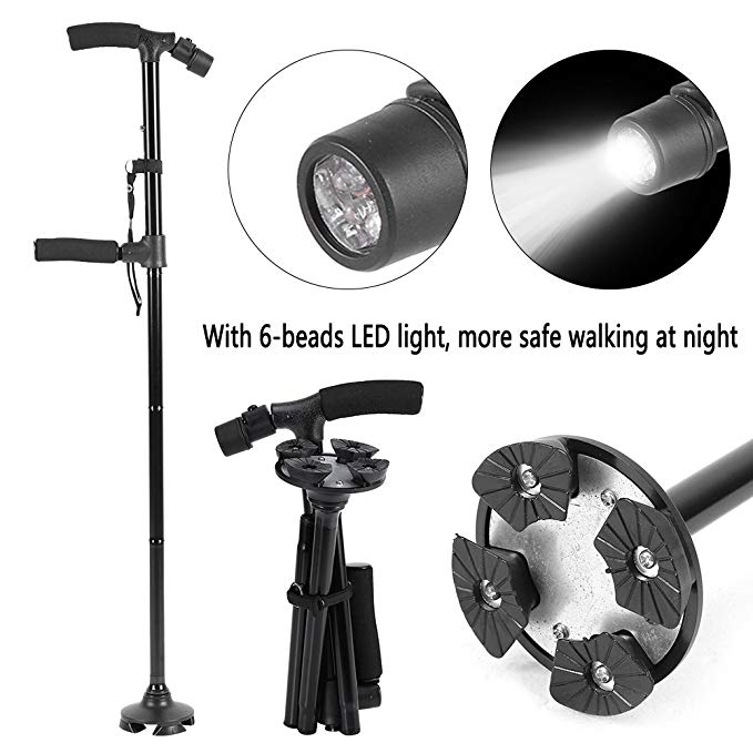 LED Lights Folding trekking poles Double Handle walking sticking with Flashlight telescopic baton crutches for elderly people