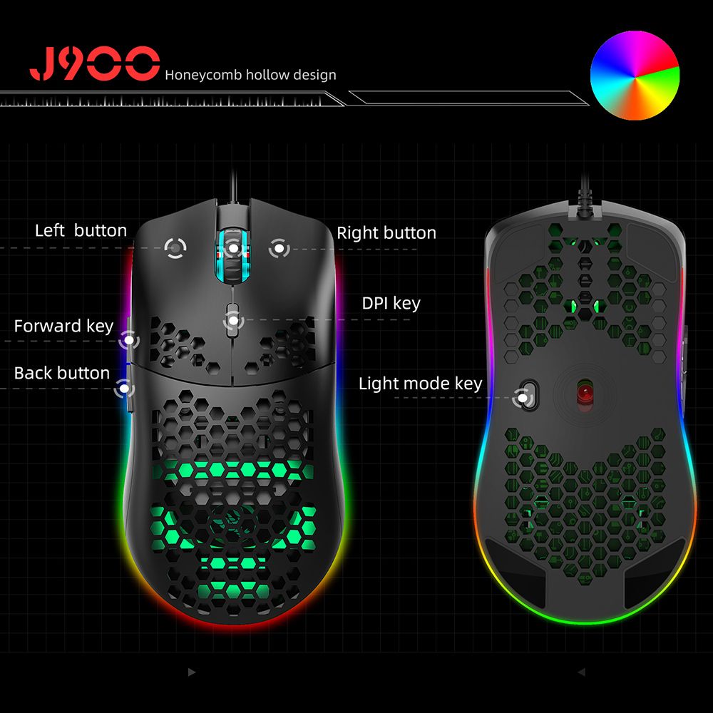 HXSJ J900, ratón alámbrico USB, panal, con 7 modos de retroiluminación RGB, ratón de juego con 6 DPI ajustables para ordenador de sobremesa, portátil y PC