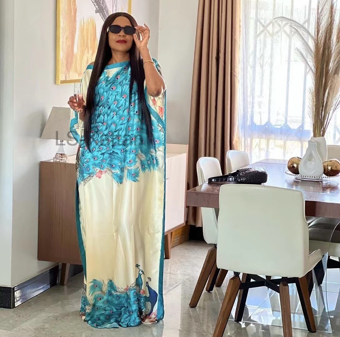 Silk African Popular Printed Muslim Kaftan HIjab Kaftan Maxi Dress Loose Summer Beach Bohemian Abaya Oversized: color 4