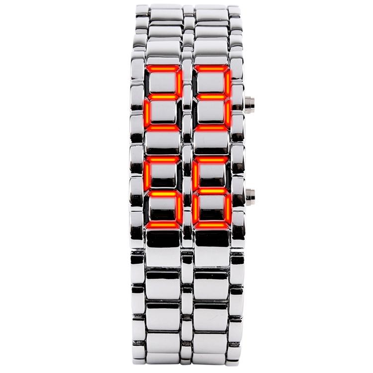 TIke Toker Mode Zwarte Volledige Metalen Digitale Lava Polshorloge Iron Metalen Rode LED Samurai voor Mannen Boy Sport Eenvoudige Wathes: Silver and Red Light