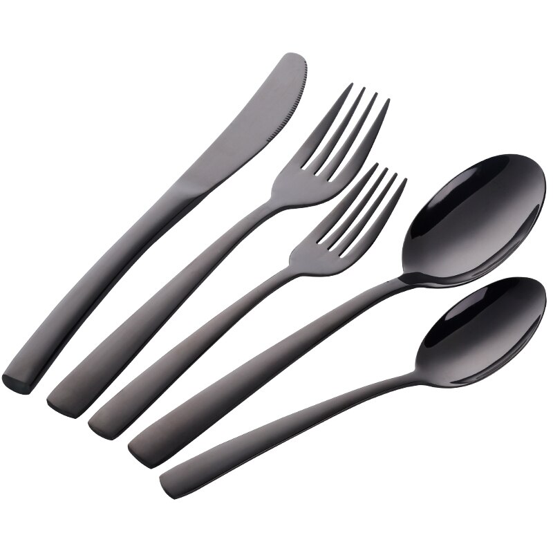 5 Pcs/Set Dinnerware Set Stainless Steel Reusable Utensils Travel Cutlery Spoon Fork Knife Home Tableware: Black