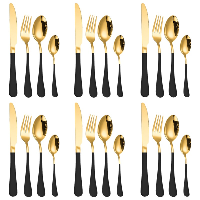 24PCS Western Kitchen Dinnerware Stainless Steel Cutlery Steak Knives Forks Dessert Spoon Tableware Set Box Party Wedding: 24PC Black Gold