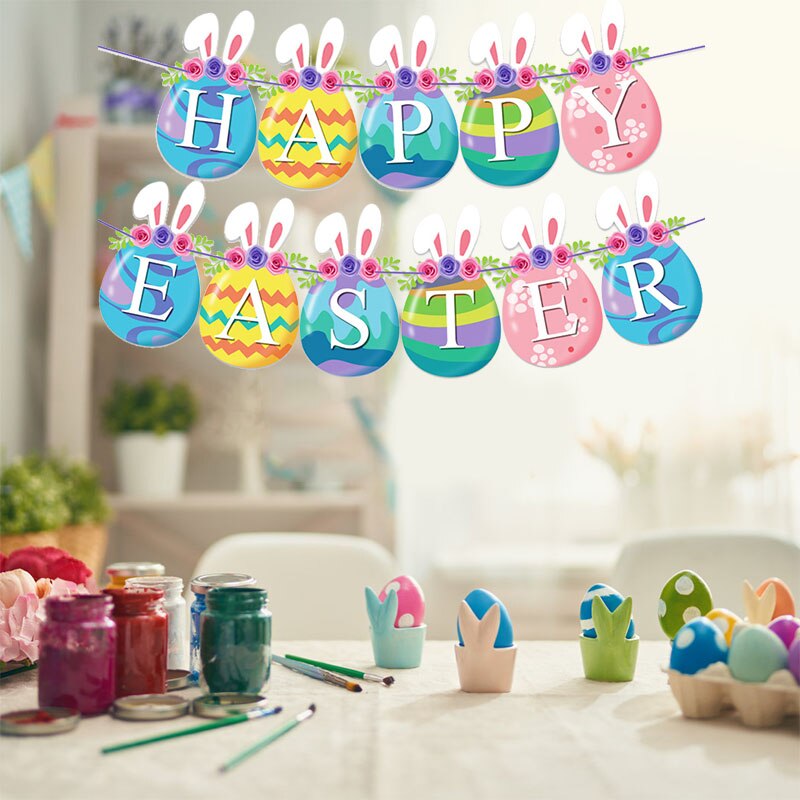 1set Happy Easter Decor Felt Banner Easter Egg Rabbit Paper Garland For Easter Party Festival Home Wall Hanging Buntng Photoprop