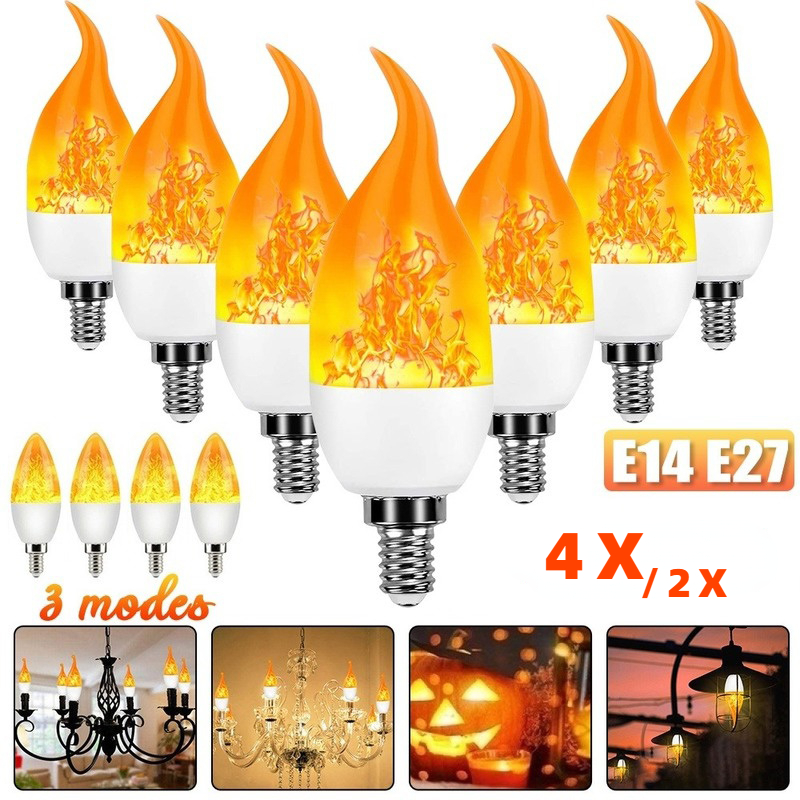 4 stk. led-pejselampe med flammende flimrende effekt, naturlig dekoration, atmosfærelampe, juledekoration  e14/e27 stk.