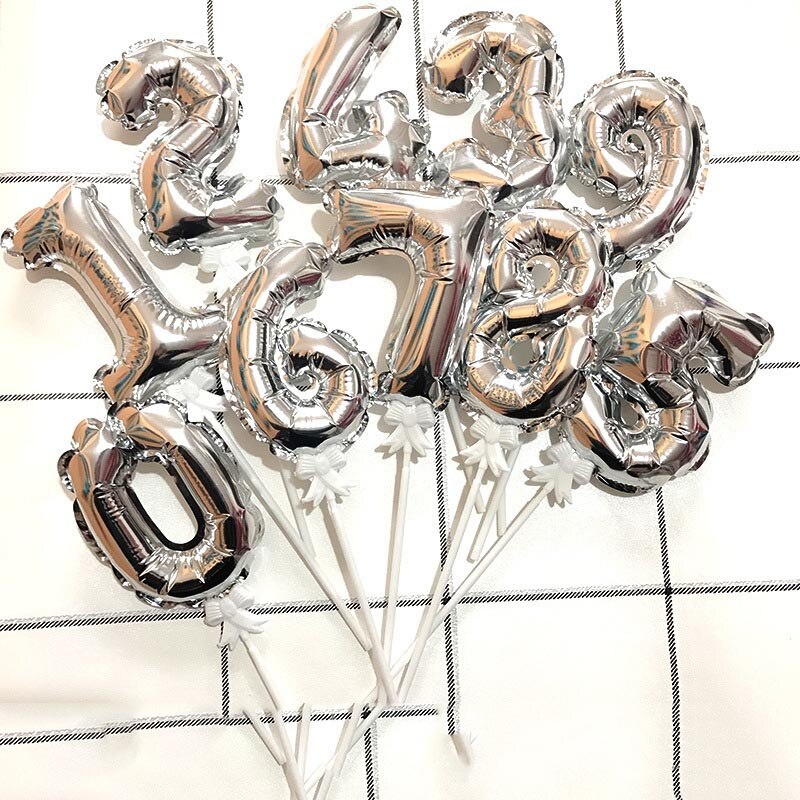 7Inch Mini Gold Silver Foil Number Balloons Cake Topper Diy Kids Birthday Cake Flags For Wedding Anniversary Birthday Decoration