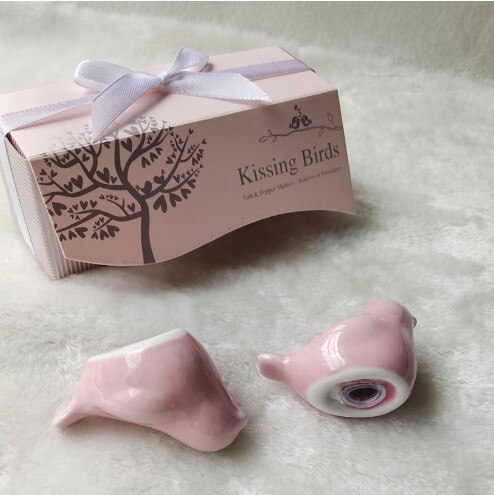 【KATEROSE】Kissing Birds Pink Ceramic Salt & Pepper Shakers Kitchen Wedding Favors