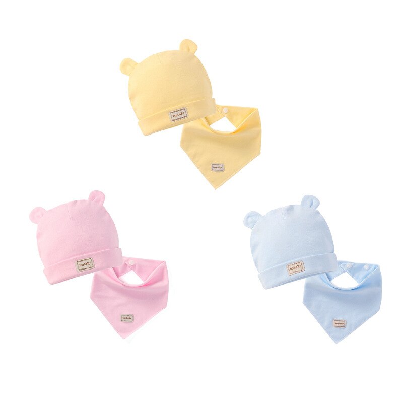 0-3Month Baby Hoed Slabbetjes Jongen Meisje Mutsen Leuke Pure Kleur Oren Motorkap Baby Hoeden Peuter Kids Katoen Kwijlen Handdoek Outdoor cap