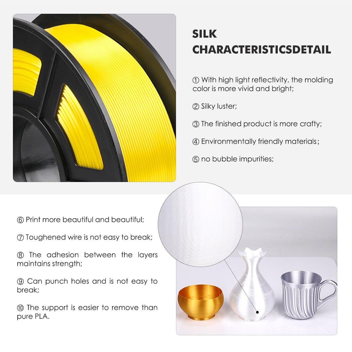 3D Printer Filament DIY SILK Filament Yellow SILK 1kg 2.2 lbs 1.75mm per roll for 3D printing Refills