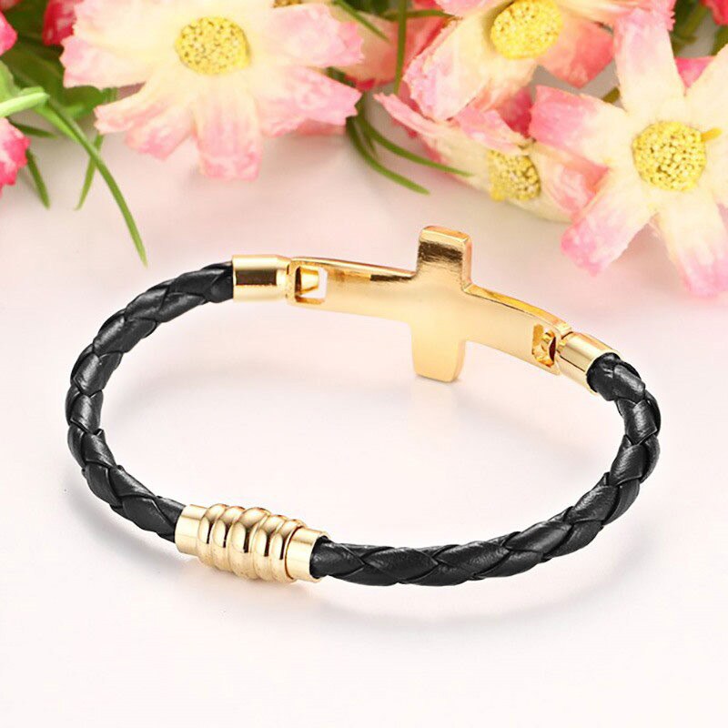 Modyle Neue Gold Farbe Edelstahl Kreuz Armbänder & Armreifen für Männer Leder Männer Hand Kette Armbinde