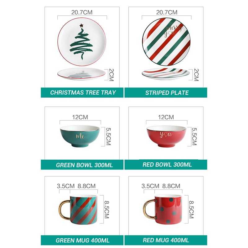 Tasse à café cuillère fourchette couteau | Vaisselle en céramique nordique, bol de vaisselle plaqué or ensembles de plats et d'assiettes, décorations de noël pour la maison