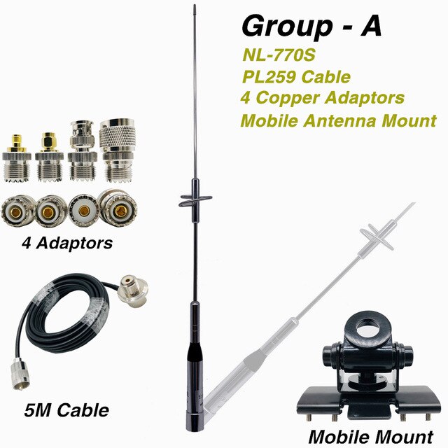 1 set Nagoya NL-770S Walkie Talkie Antenna + 5M Coaxial Cable + Four Fine Copper Connector Adapter + Stainless Steel Clip Mount: Group A