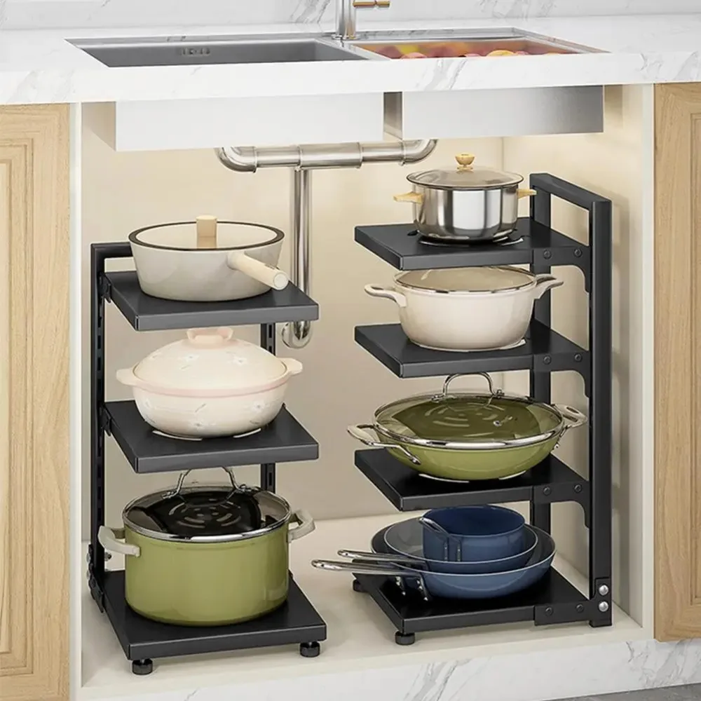 Kitchen Pot Storage Rack Under Sink Cabinet Pot Rack Holder Multi-Layer Adjustable Pots and Pans Shelf Bilateral Organizer