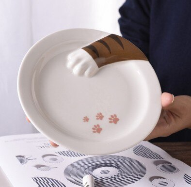 [MPK Store] Cat Paw Plate Cat Bowl, White Porcelain Plate, 2 Designs Presently Available: Navy Blue / Large (22cm)
