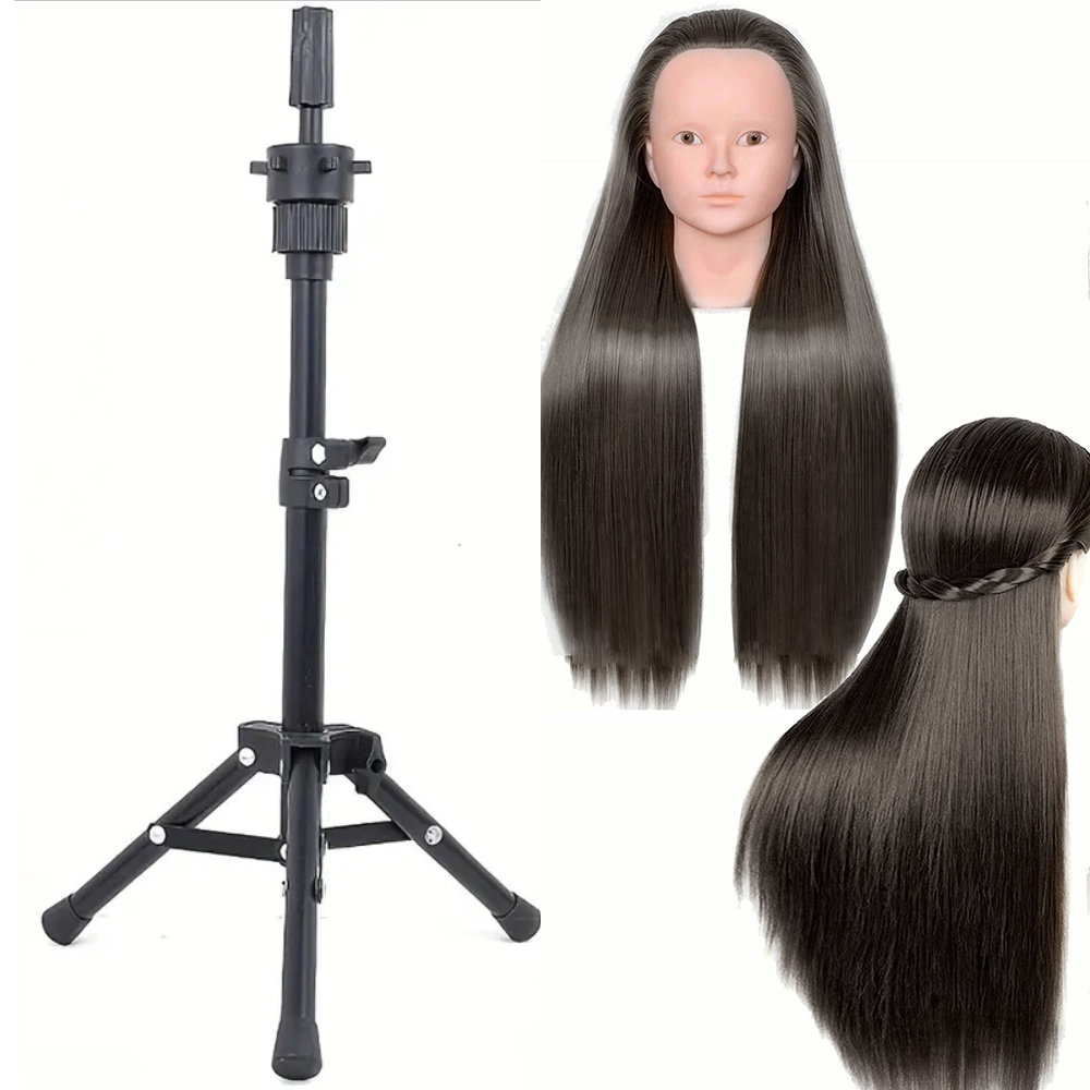 2pcs No makeup Mannequin Head Hair Styling Training Manikin Cosmetology Doll Head Synthetic Fiber Hair and stand: black