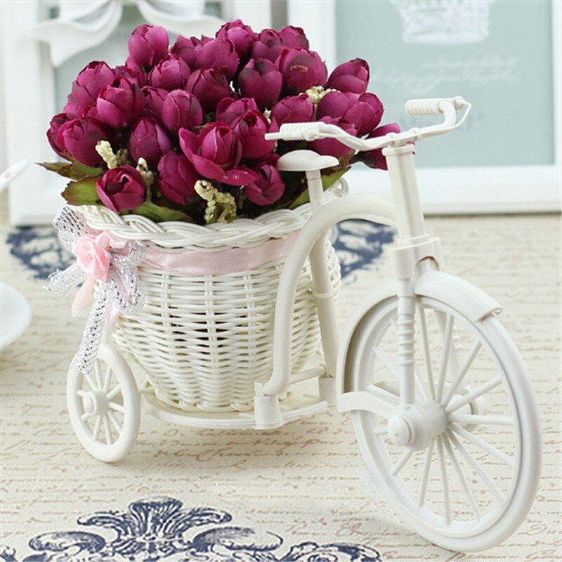 Rotting cykel vas med siden blommor färgglada mini ros blomma bukett tusensköna konstgjorda blommor för hem bröllop dekoration: A06