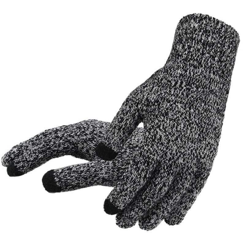 Vinter efterår mænd strikkede handsker touch screen mandlige tykkere varm uld cashmere solide handsker mænd vante business: Sort-hvid-tynd