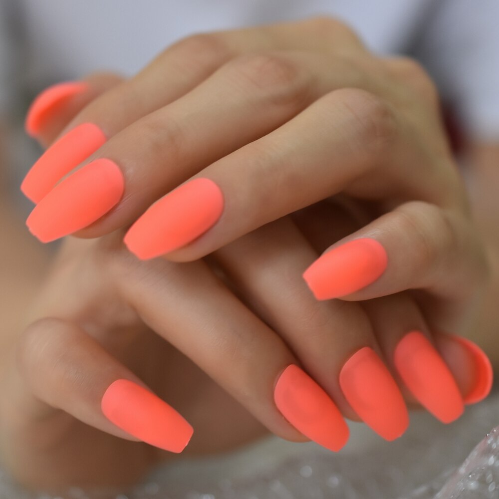 Néon Orange presse sur Ongles ballerine mat Faux Ongles couleur unie moyen manucure Art conseils avec onglets adhésifs